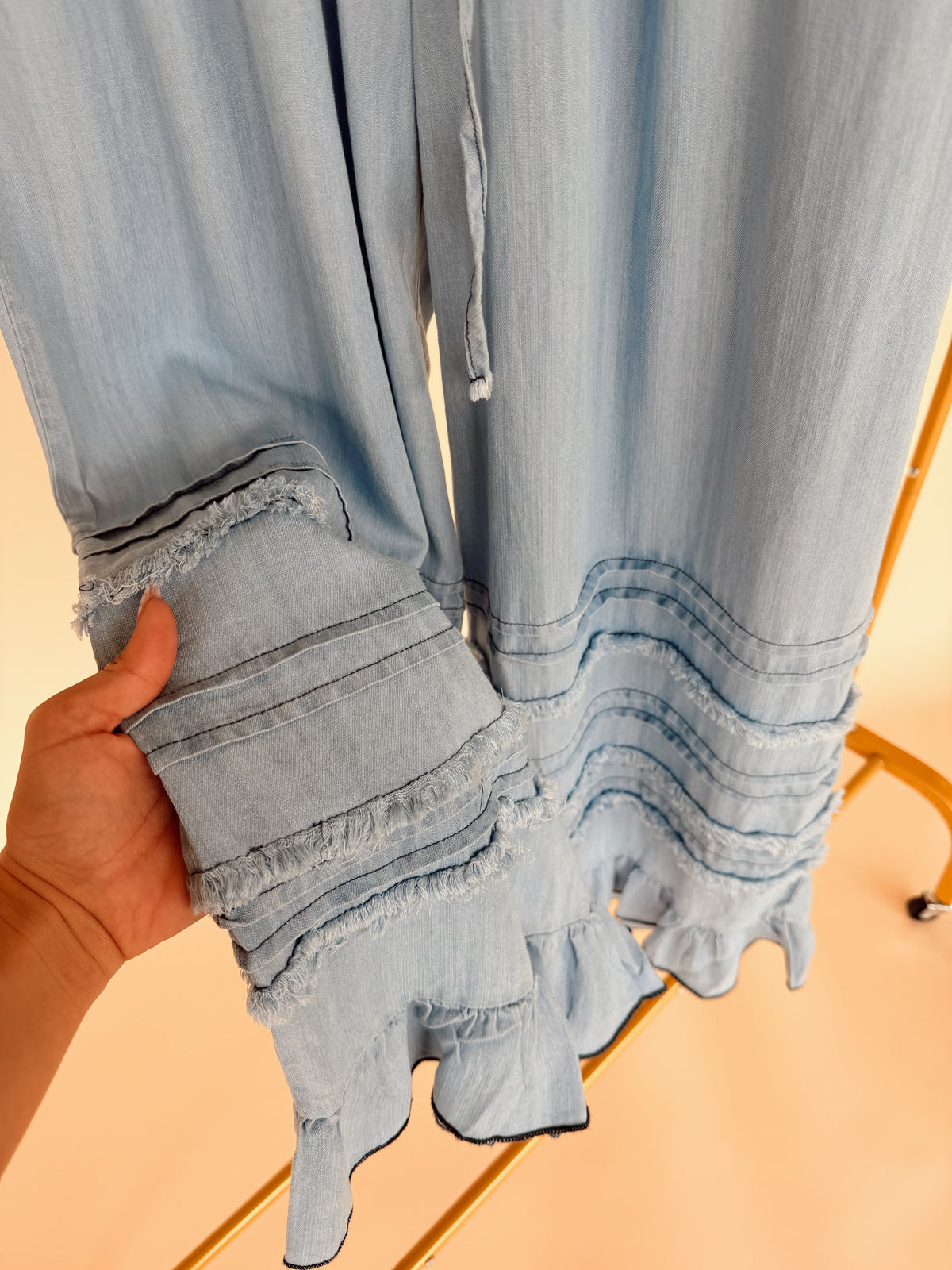 Fray Ruffle Hem Pants in Denim
