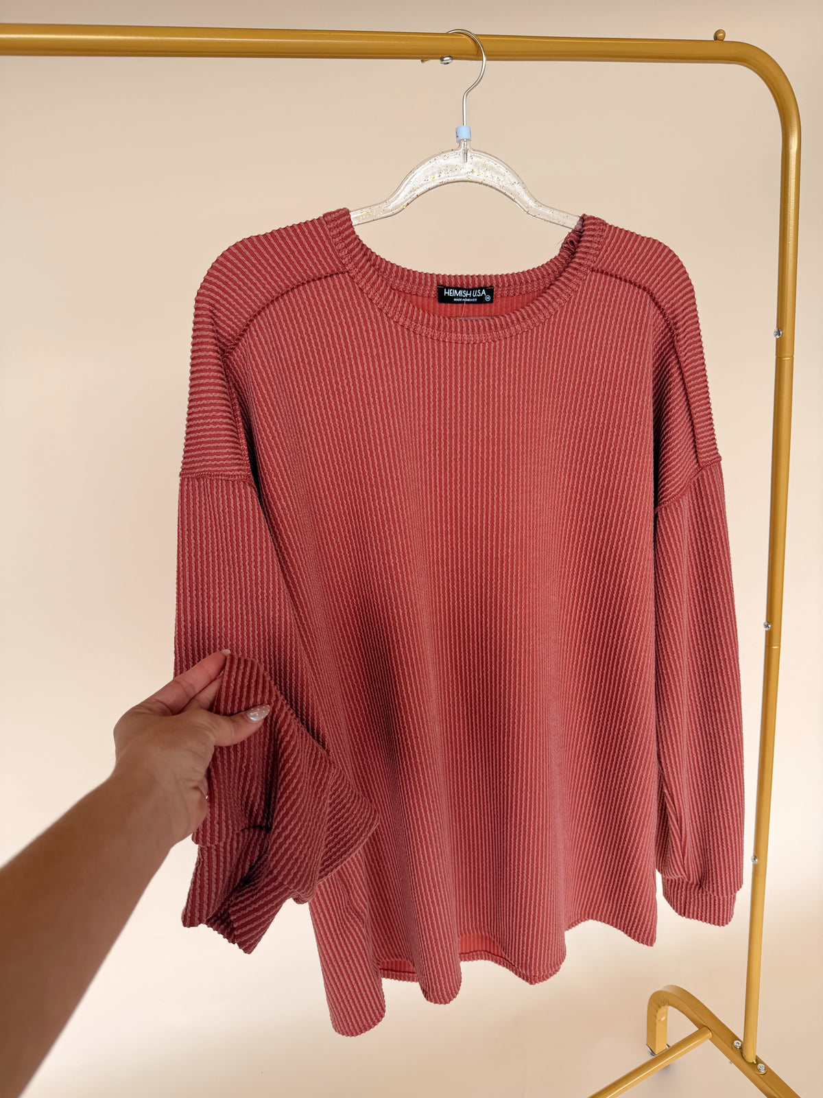 Puff Sleeve Ribbed Top in Rust