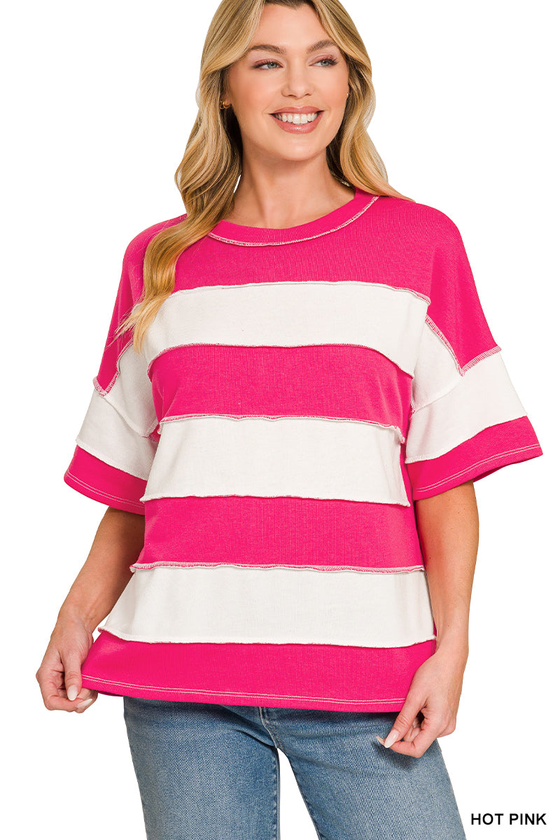 French Terry Striped Exposed Seam Top-3 Colors!