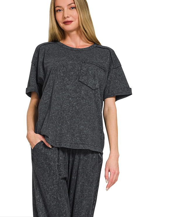 Acid Washed Top & Pant Set in Black