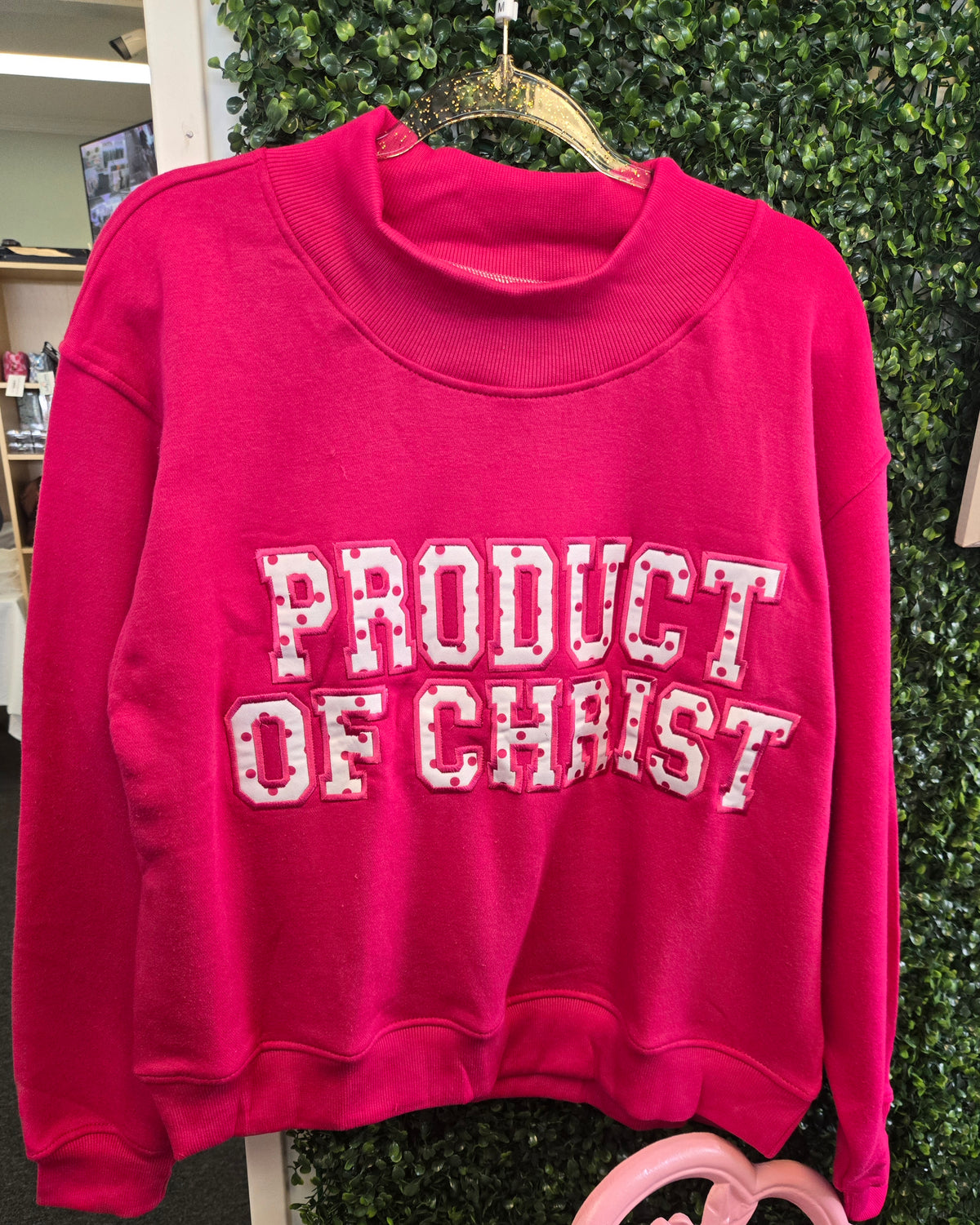 Product of Christ Mock Neck Hot Pink with Polka Dots