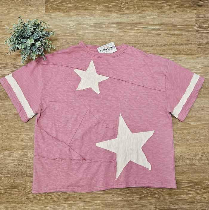 Star Patchwork Cotton Blend Top in Vintage Pink