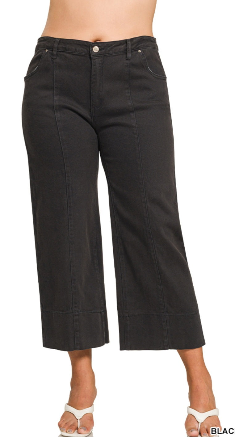 Curvy Mid Rise Wide Leg Cropped Denim Pants- 2 Colors!