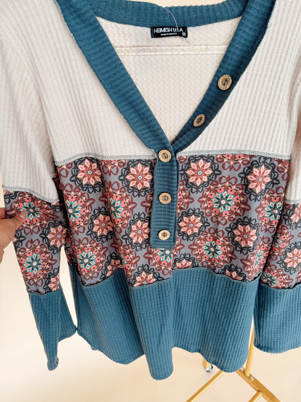 Curvy Waffle Geometric Top in Denim