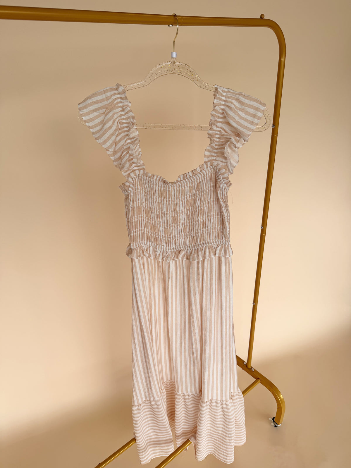 Stripe Smocked Detail Dress Light Khaki
