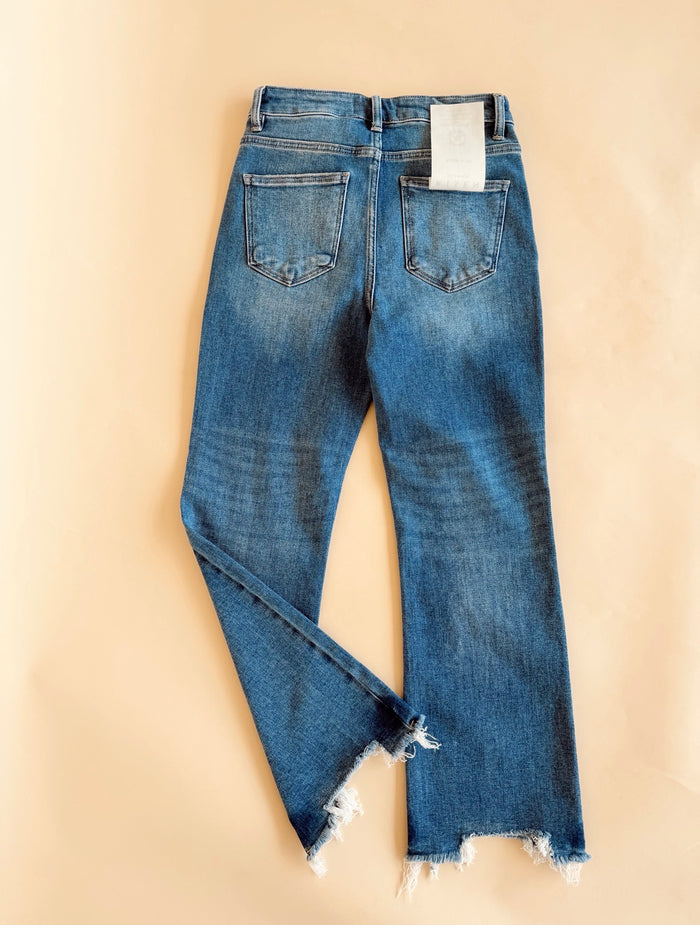 High Rise Crop Flare Fray Hem Jean