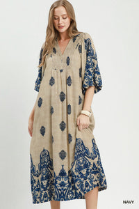 Border Print Smocked Detail Midi Dress in Navy