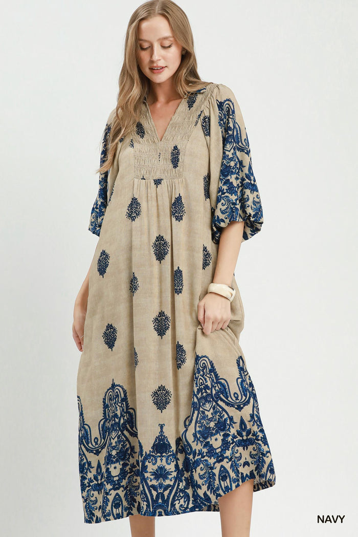 Border Print Smocked Detail Midi Dress in Navy