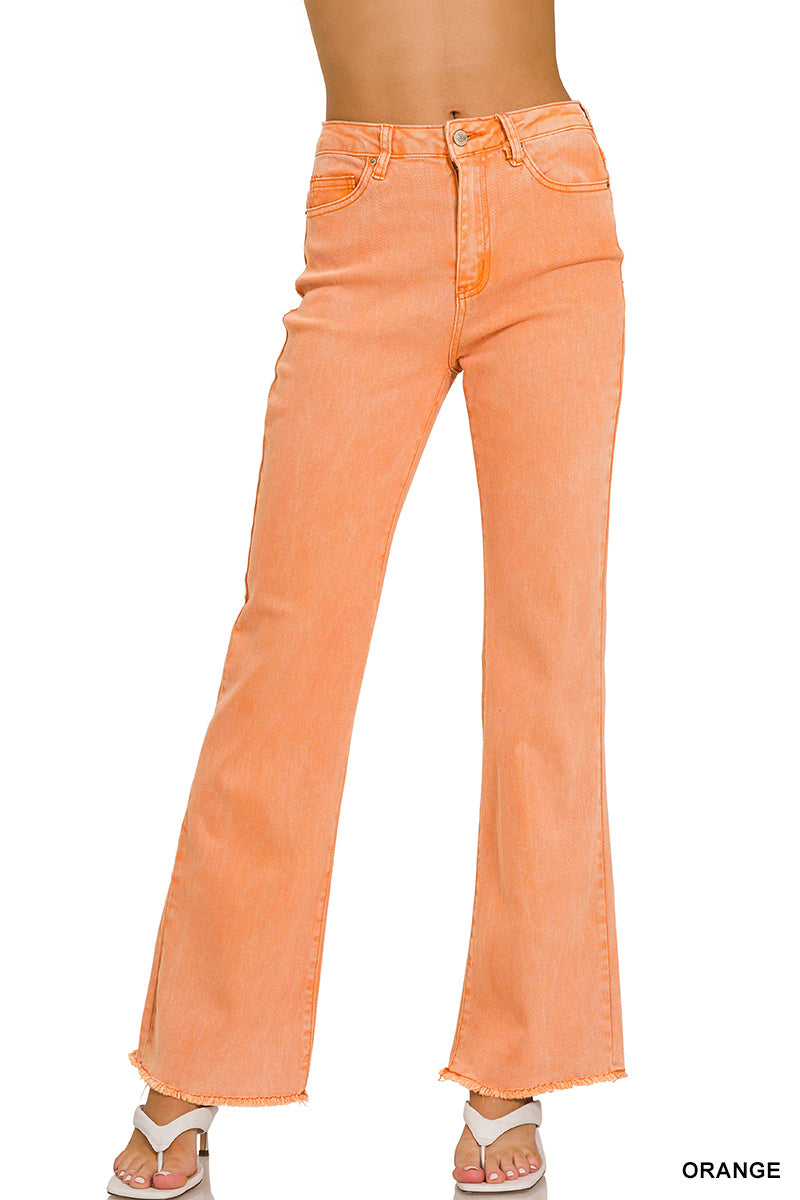 Acid Washed Frayed Cutoff Hem Straight Wide Pants in Orange