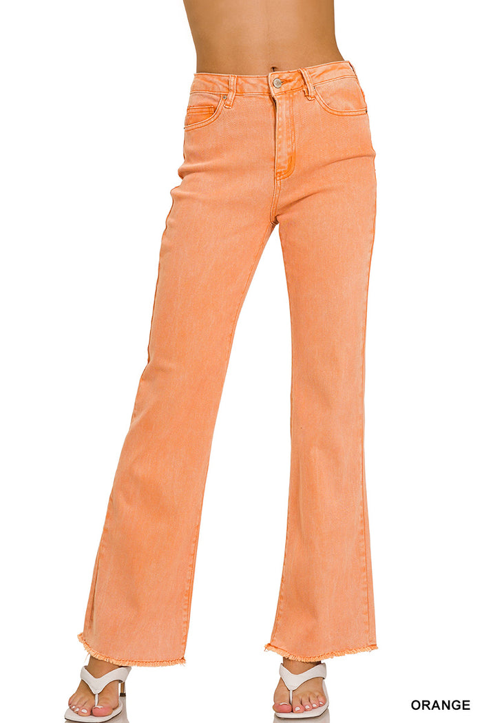 Acid Washed Frayed Cutoff Hem Straight Wide Pants in Orange