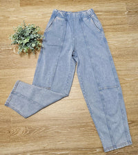 Acid Washed Elastic Waist Knit Joggers in Light Blue