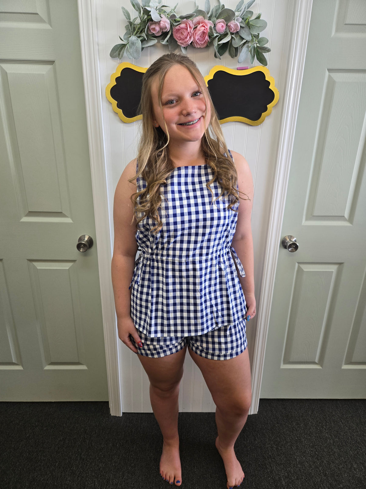 Gingham Top & Pull On Shorts Set in Blue