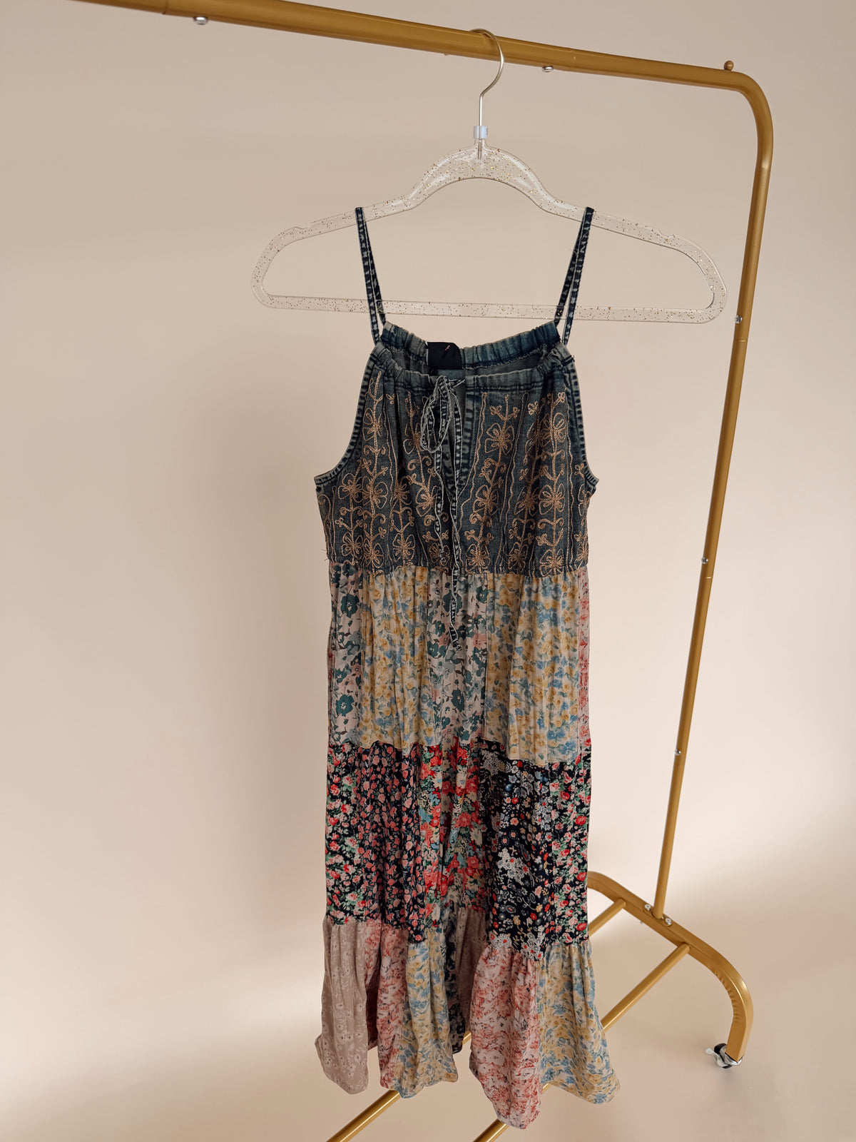 Boho Patchwork Dress in Latte