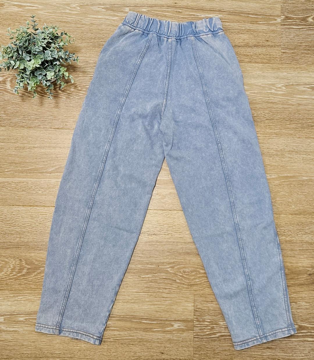 Acid Washed Elastic Waist Knit Joggers in Light Blue