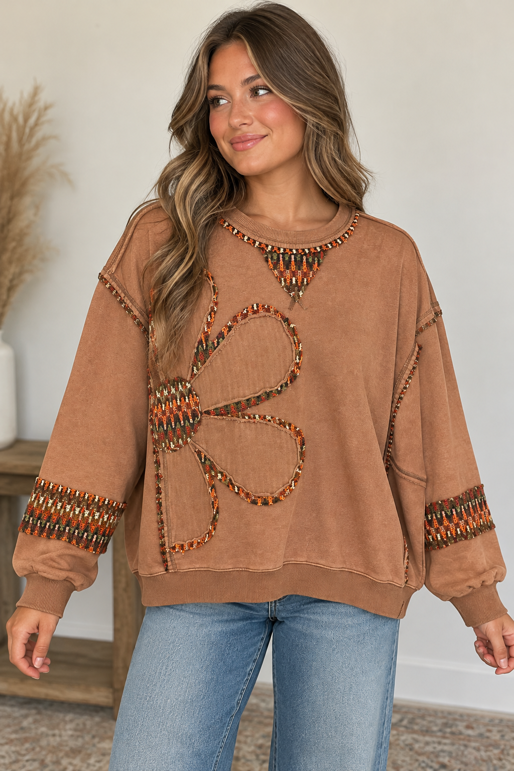 LS Flower Patch Top in Mocha Brown