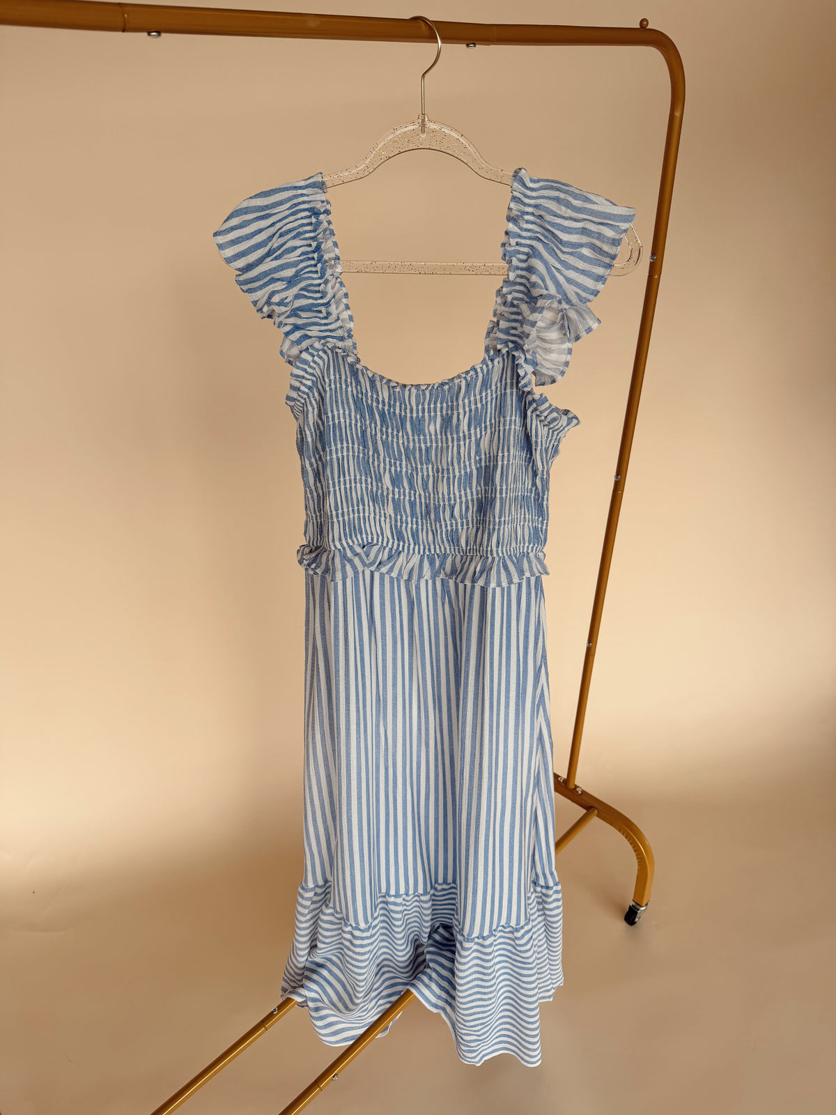 Curvy Striped Smocked Midi Dress in Blue
