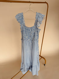 Curvy Striped Smocked Midi Dress in Blue