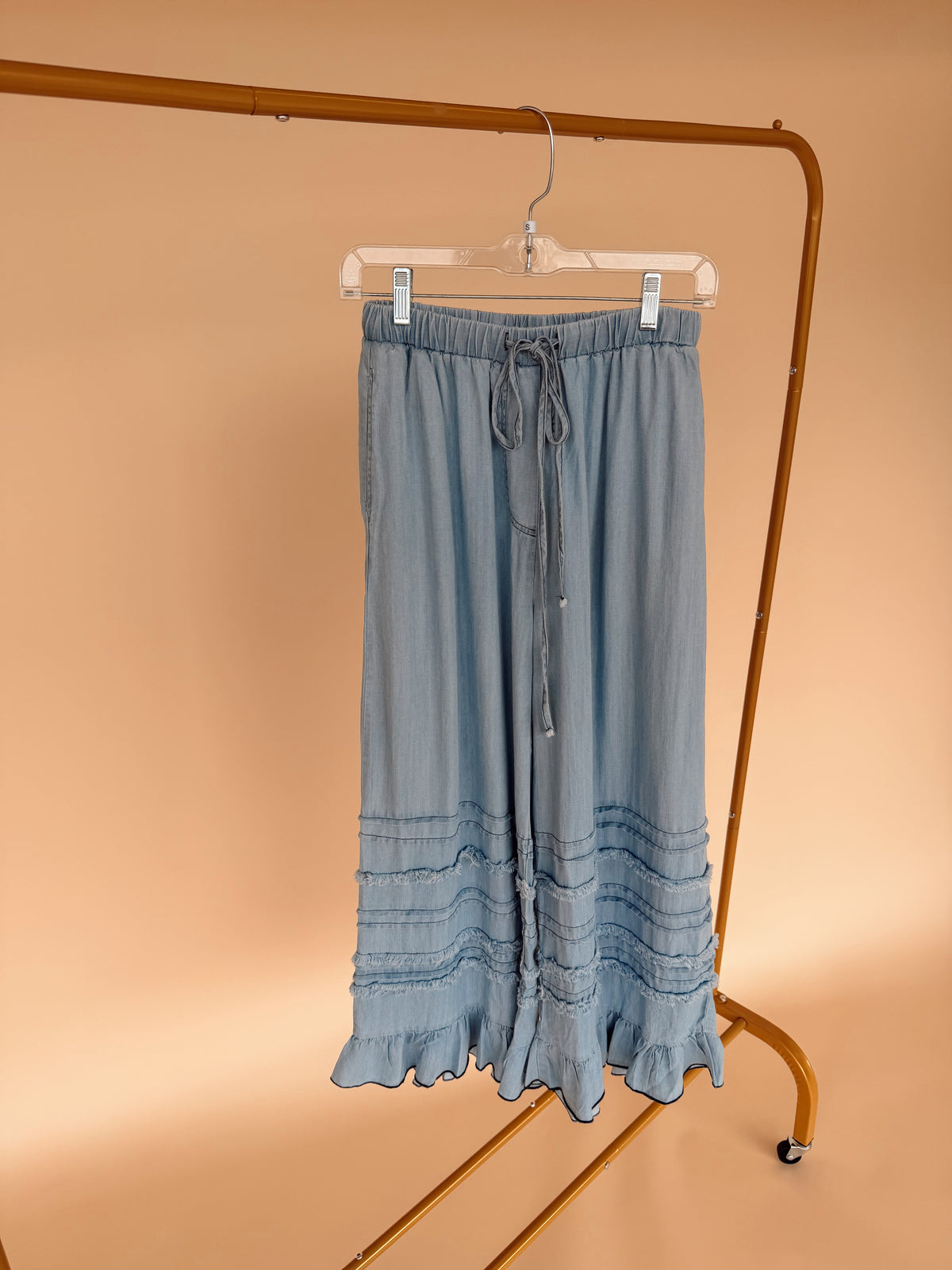 Fray Ruffle Hem Pants in Denim