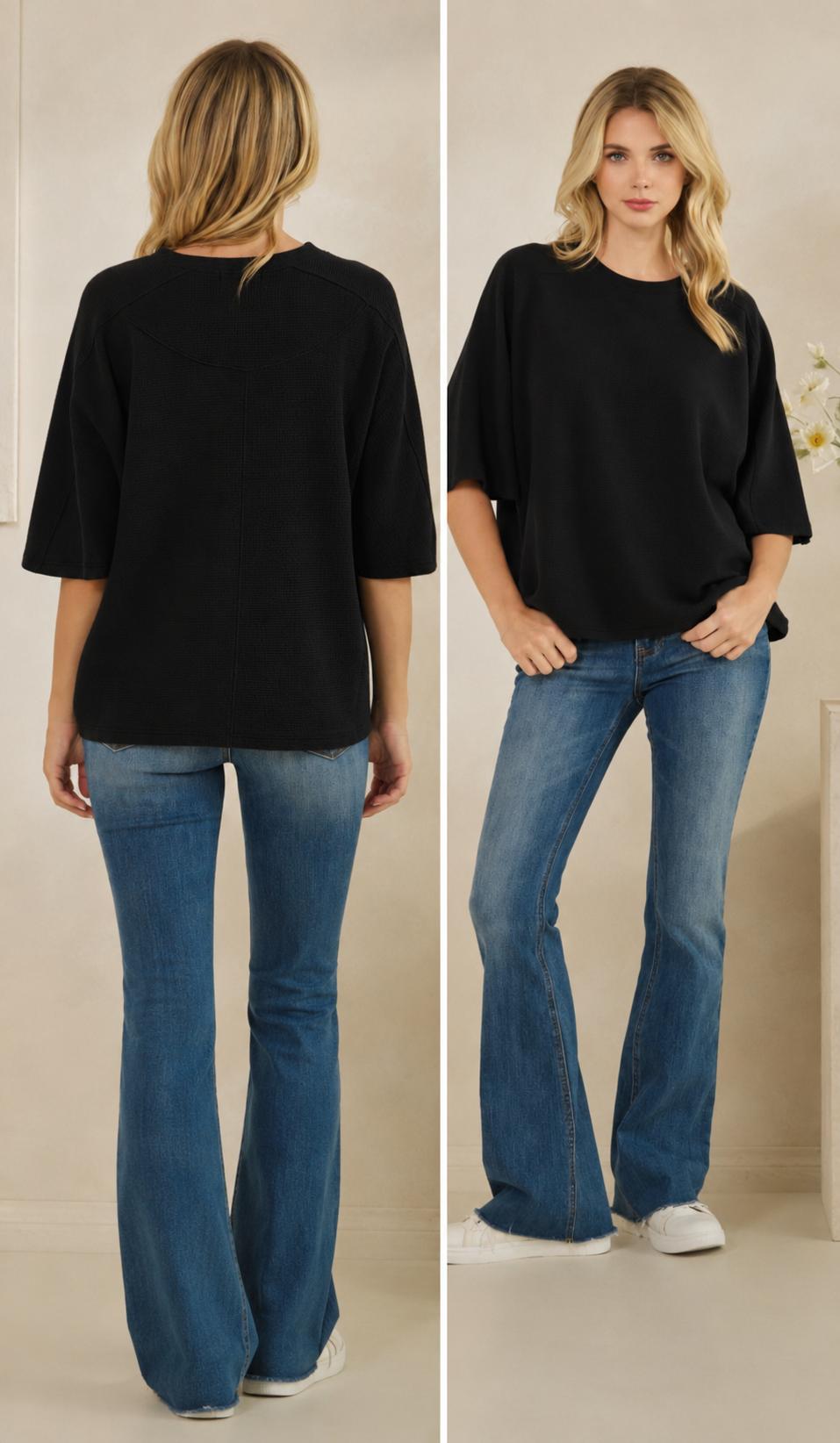 Cloudy Knit 3/4 Sleeve Round Neck Top in Black
