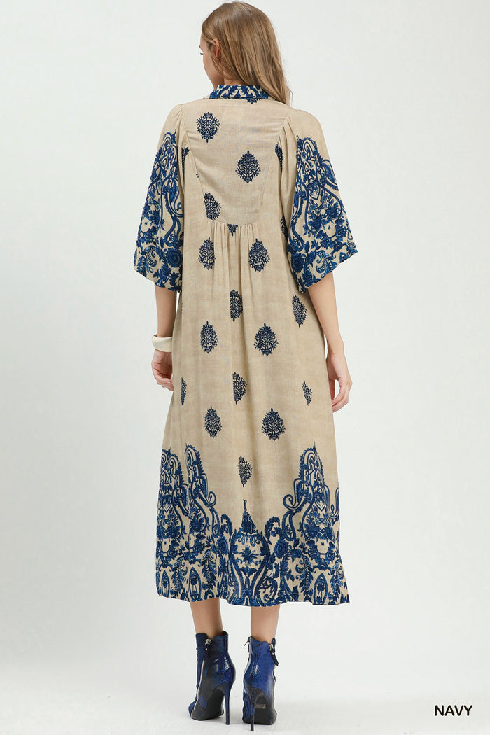 Border Print Smocked Detail Midi Dress in Navy