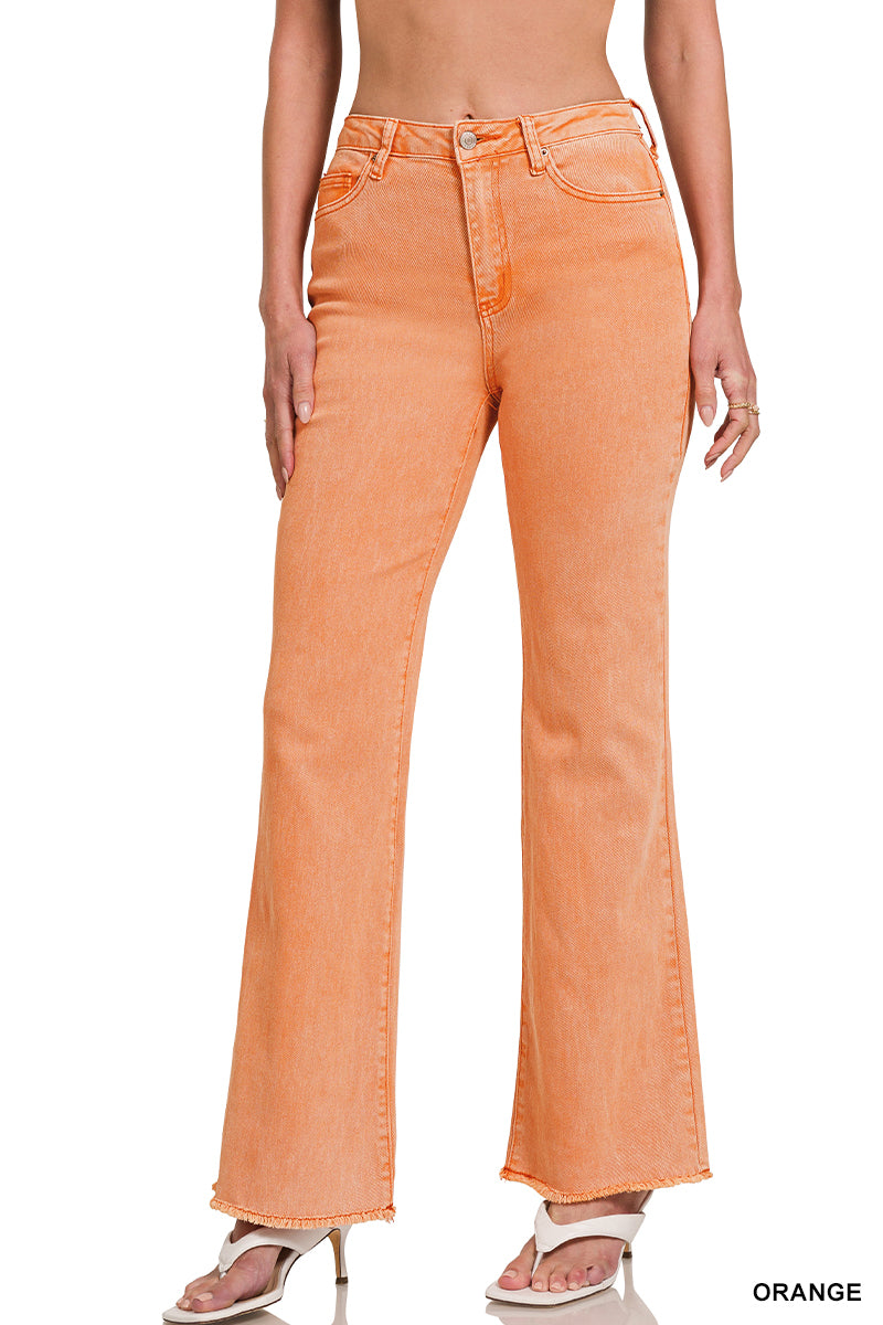 Acid Washed Frayed Cutoff Hem Straight Wide Pants in Orange