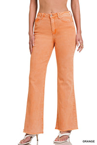 Acid Washed Frayed Cutoff Hem Straight Wide Pants in Orange