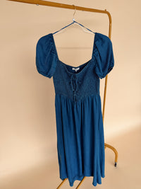 Front Tie Puff Sleeve Dress Chambray