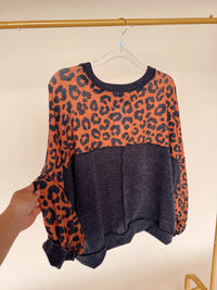 Curvy Crew Neck Drop Shoulder Leopard