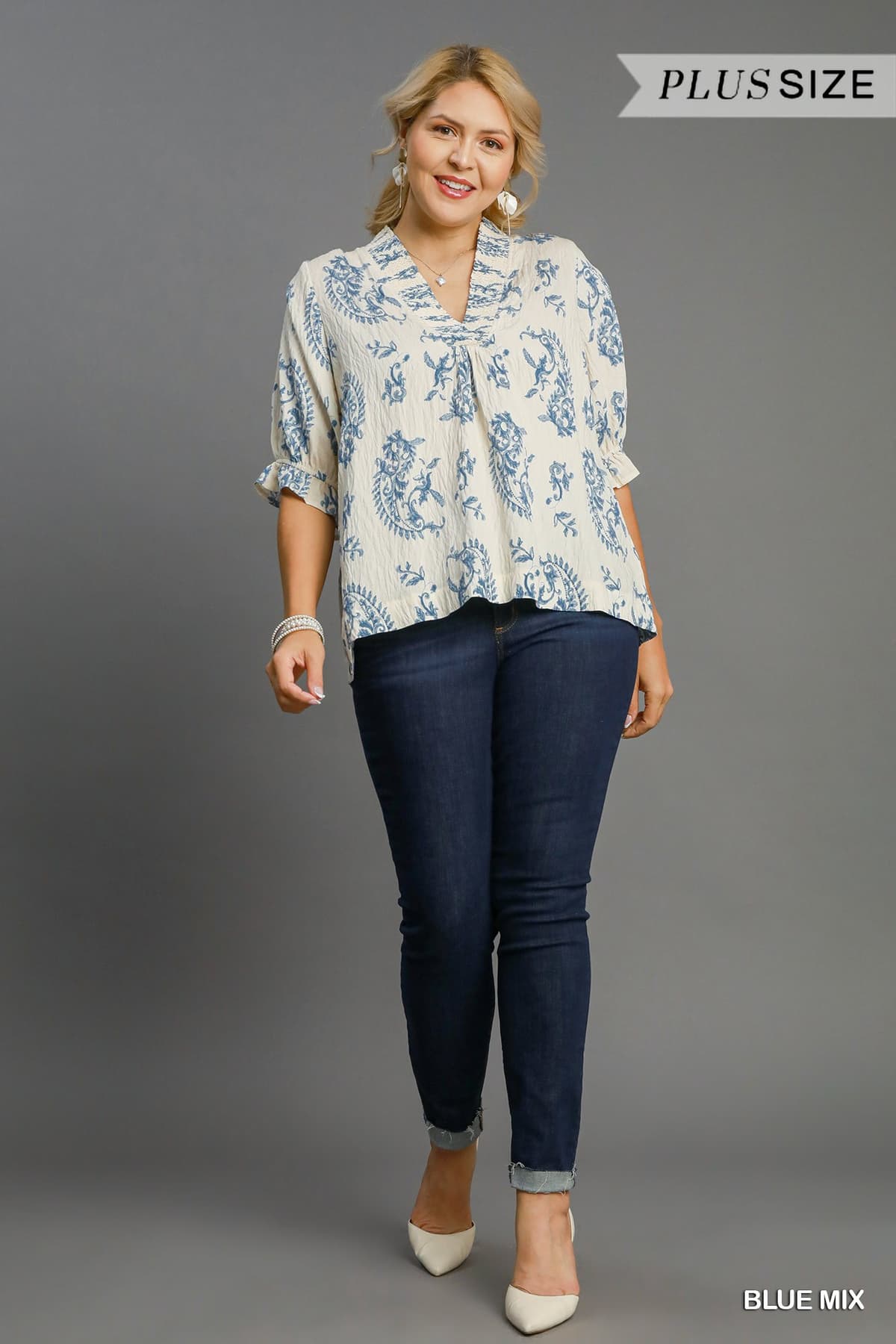 Curvy Blue Mix Print Blouse