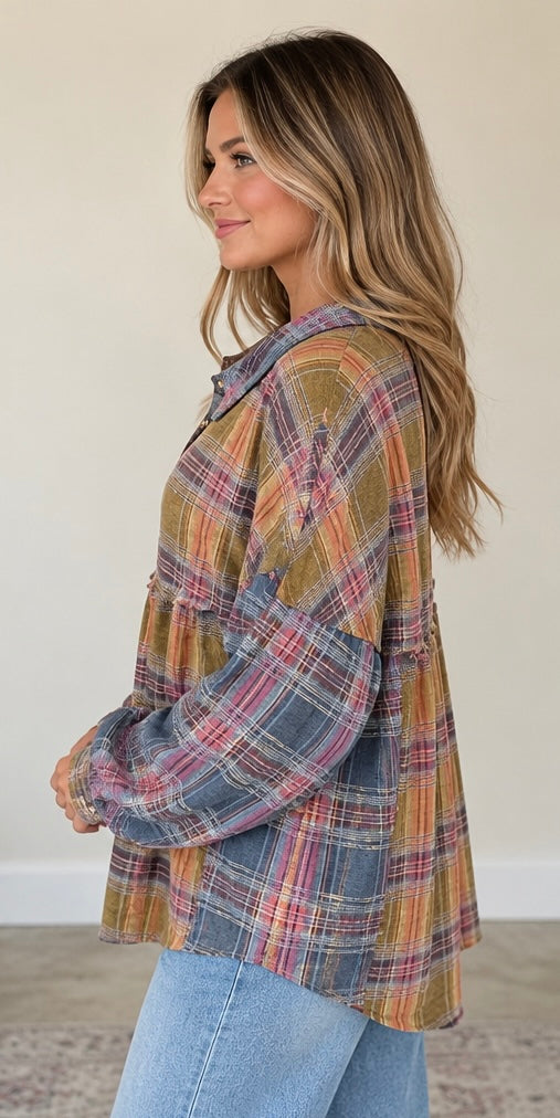 Collared Button Down Babydoll Top in Navy/Butterscotch