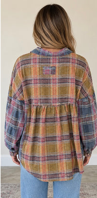 Collared Button Down Babydoll Top in Navy/Butterscotch