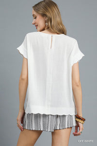 Scallop Hem Linen Blend Top in Off White