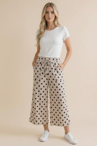 Wide Leg Crop Polka Dot Pants in Ivory/Black