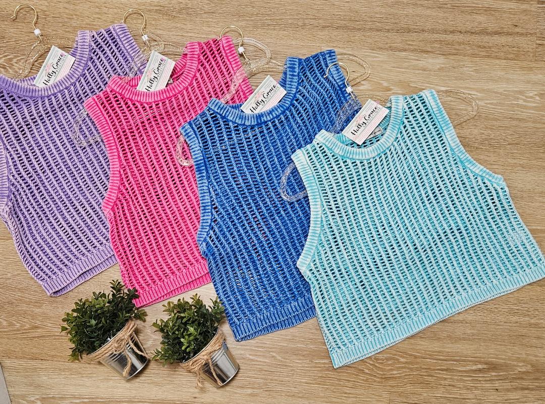 Acid Wash Fishnet Sweater Vest- 4 Colors!