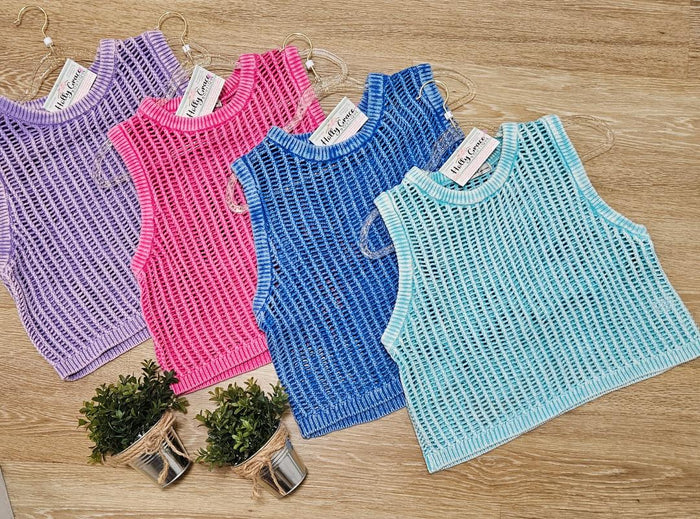 Acid Wash Fishnet Sweater Vest- 4 Colors!