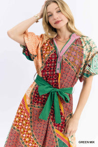 Mix Patchwork Print Midi Dress W/ Tie Waist