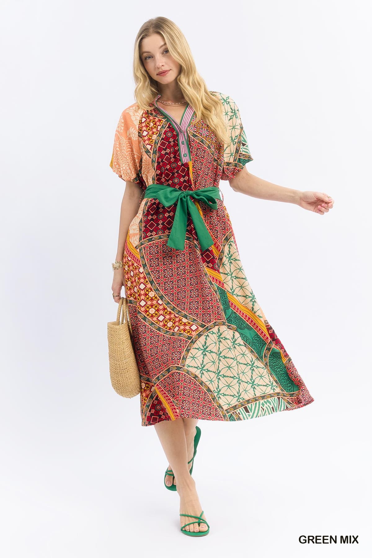Mix Patchwork Print Midi Dress W/ Tie Waist