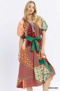 Mix Patchwork Print Midi Dress W/ Tie Waist