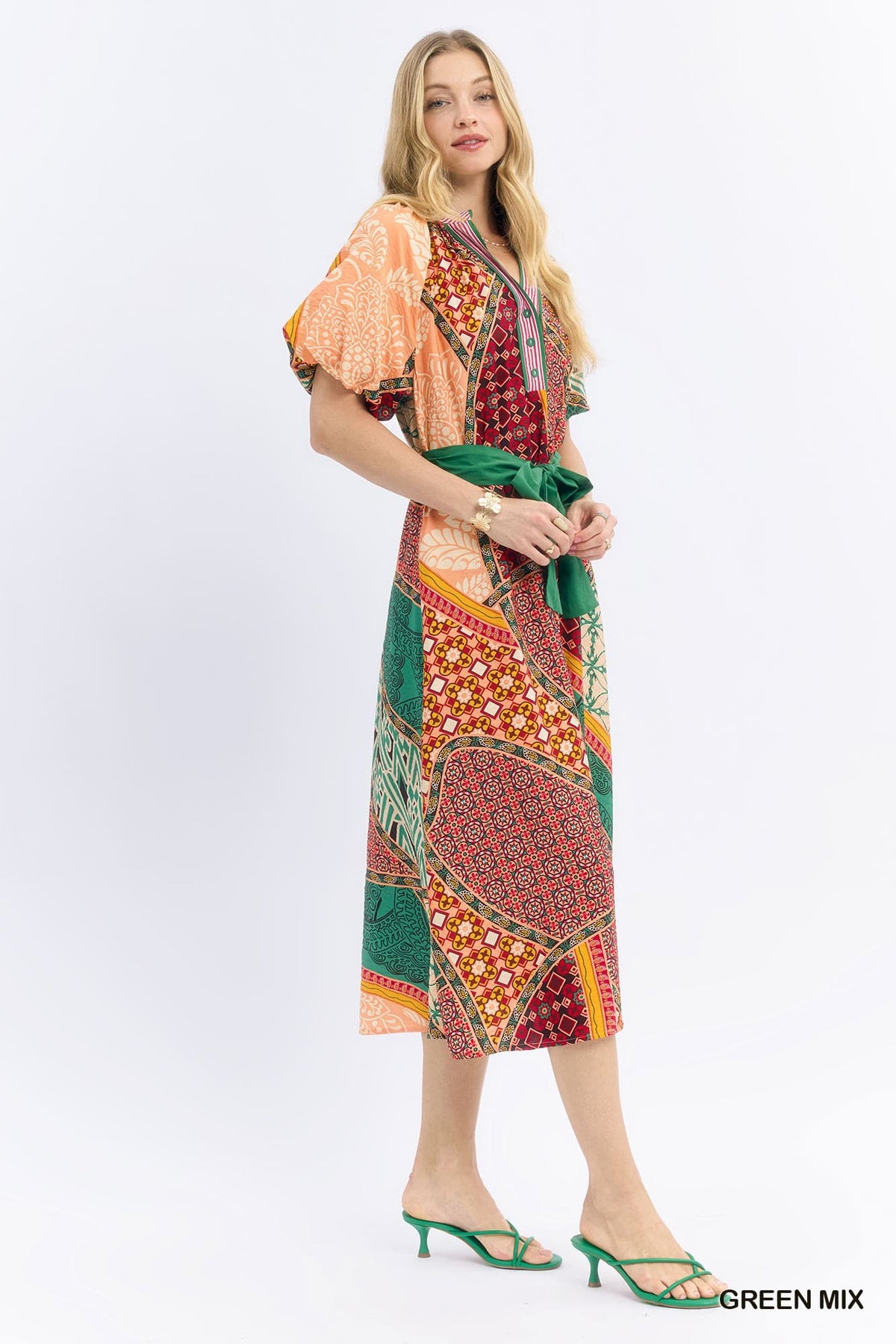 Mix Patchwork Print Midi Dress W/ Tie Waist