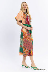 Mix Patchwork Print Midi Dress W/ Tie Waist