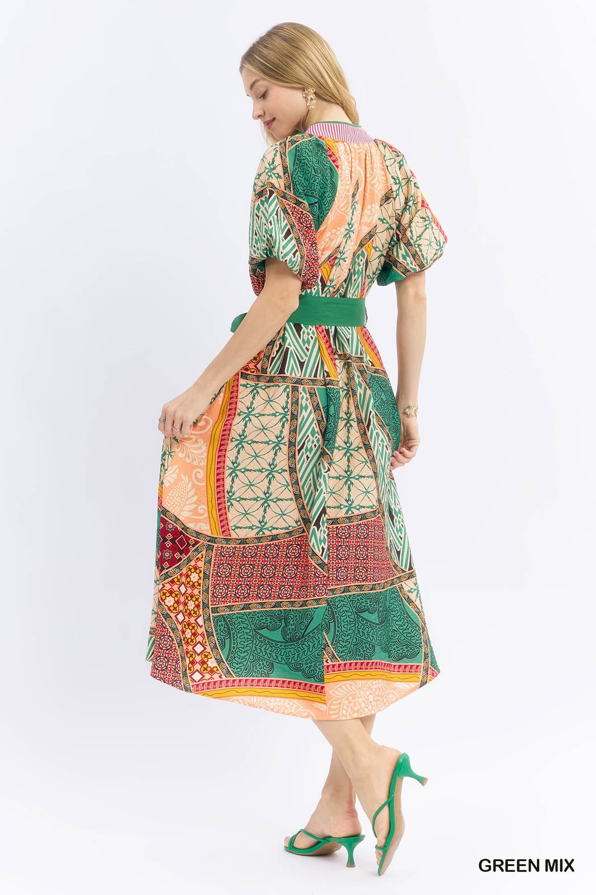 Mix Patchwork Print Midi Dress W/ Tie Waist