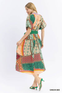 Mix Patchwork Print Midi Dress W/ Tie Waist