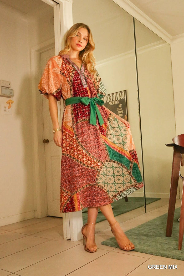 Mix Patchwork Print Midi Dress W/ Tie Waist