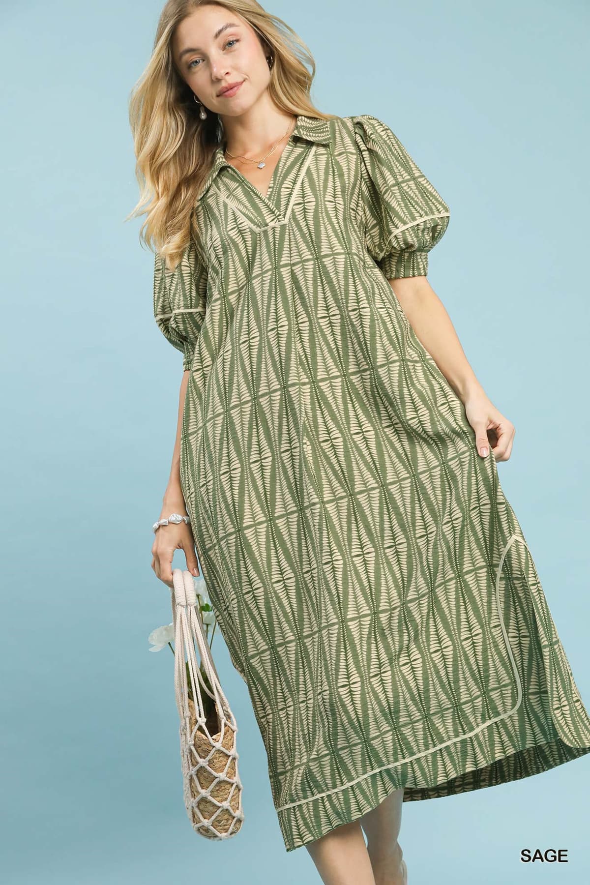 Geometric Print Midi Dress in Sage
