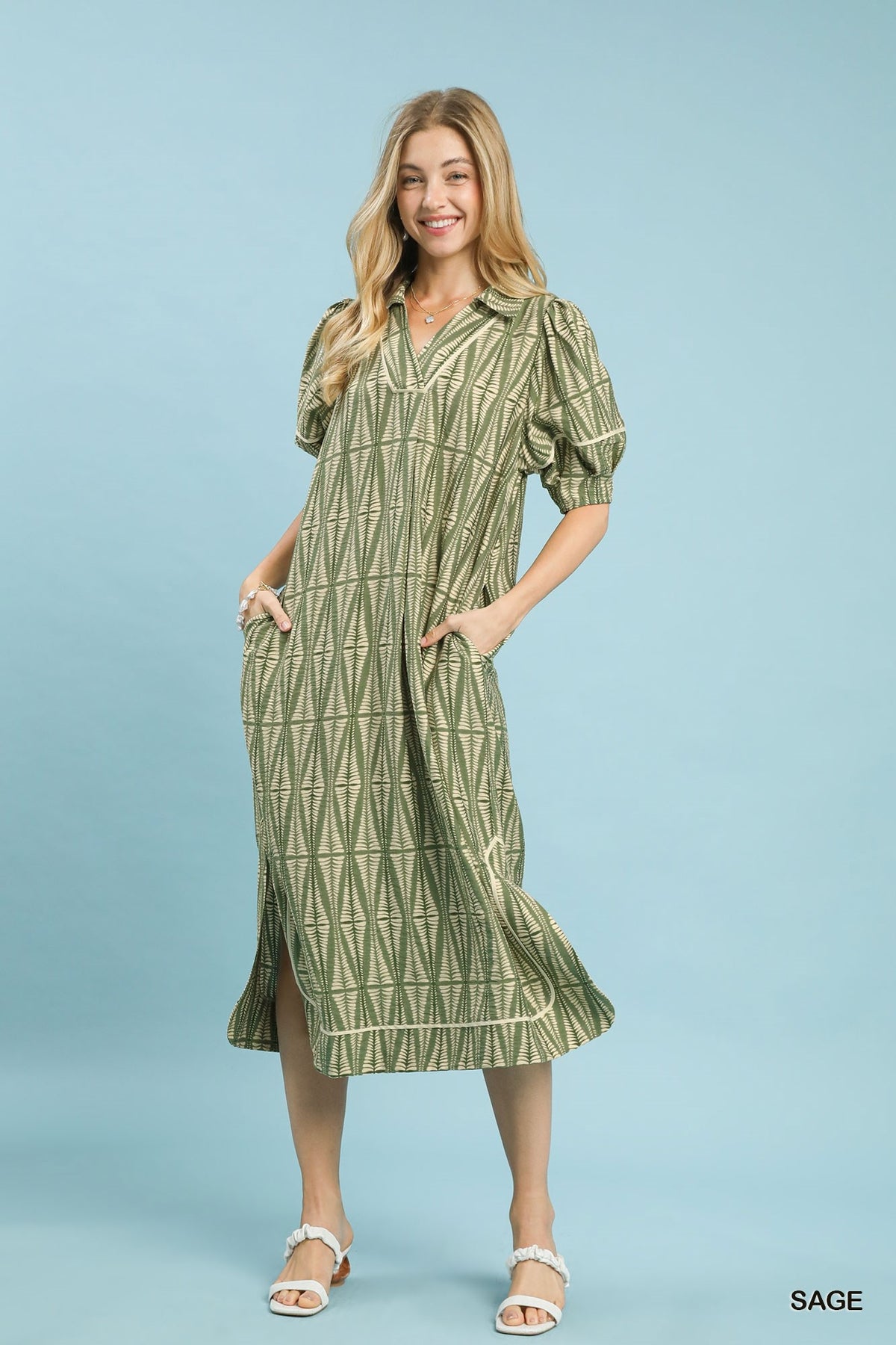 Geometric Print Midi Dress in Sage
