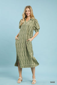 Geometric Print Midi Dress in Sage