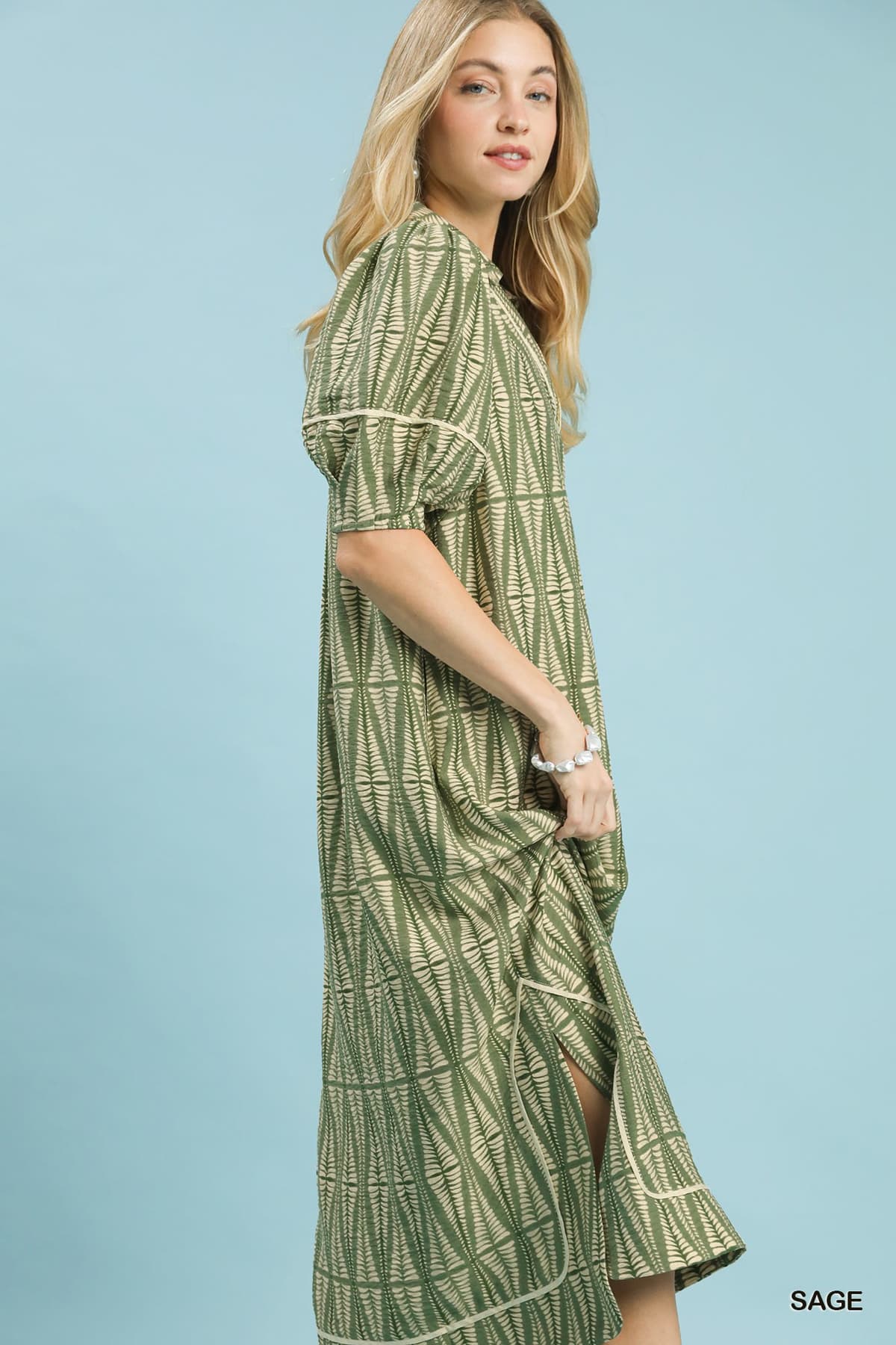 Geometric Print Midi Dress in Sage
