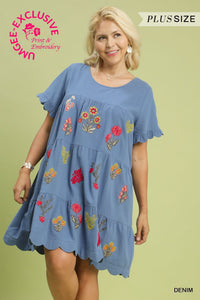 Embroidered Babydoll Curvy Dress in Denim