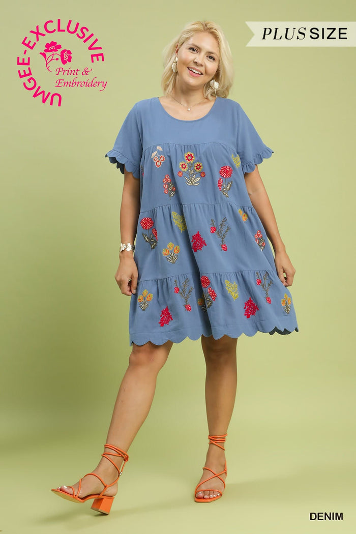 Embroidered Babydoll Curvy Dress in Denim