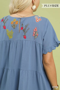 Embroidered Babydoll Curvy Dress in Denim